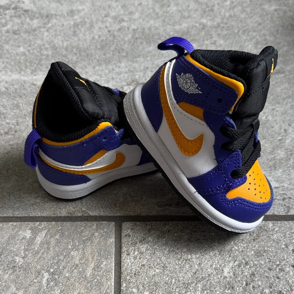 NEW IN BOX Nike Air Jordan 1 Mid TD Lakers - Dark Concord/White/Black/Taxi, 3C